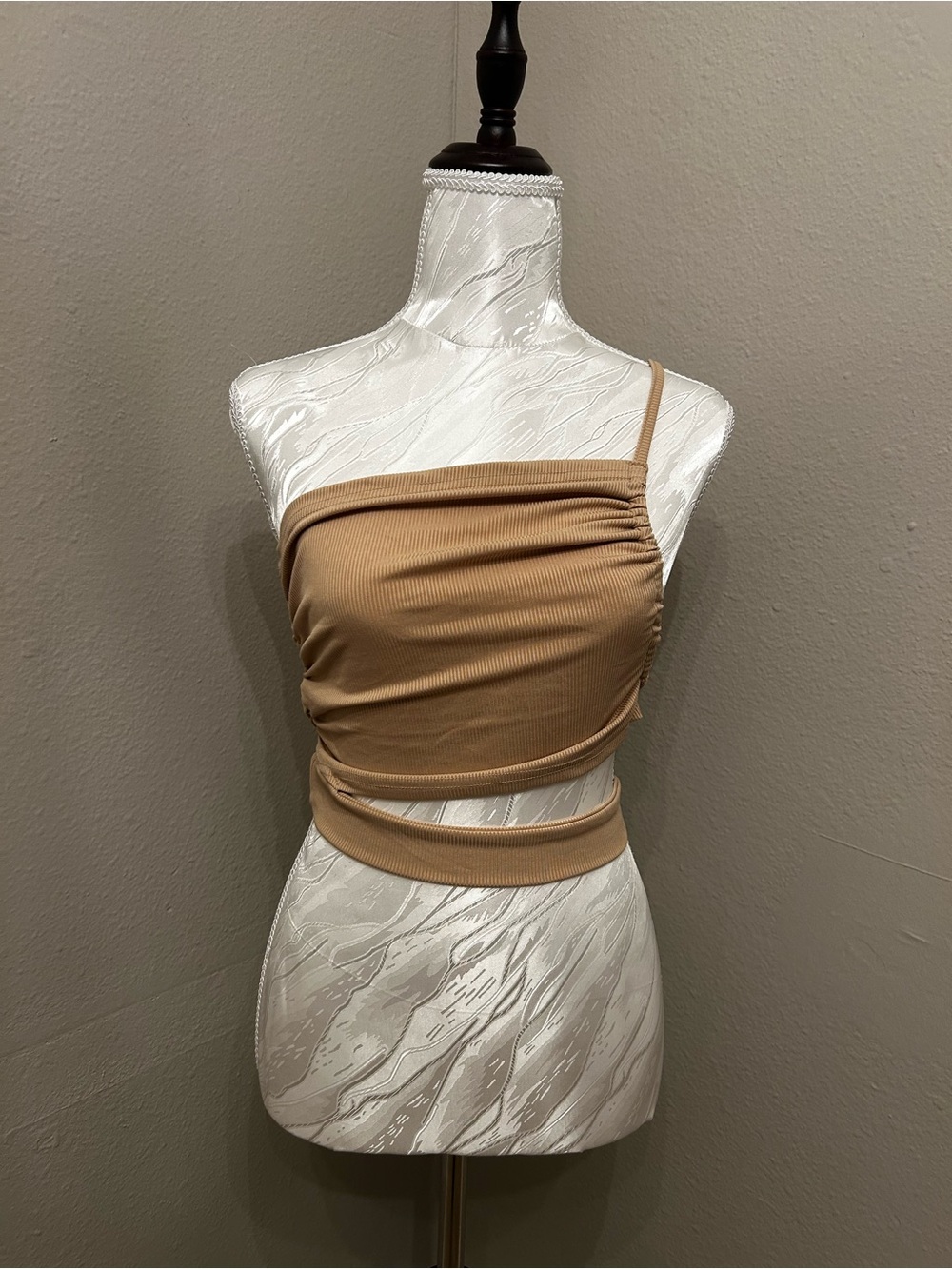 SHEIN One-Shoulder Wrap Crop Top in Tan